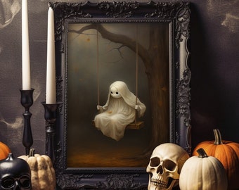 Cute Ghost Poster Halloween Decor | Gothic Decoration | Halloween Wall Art | Ghost On The Swing Poster | Vintage Room Decor | Oil Painting