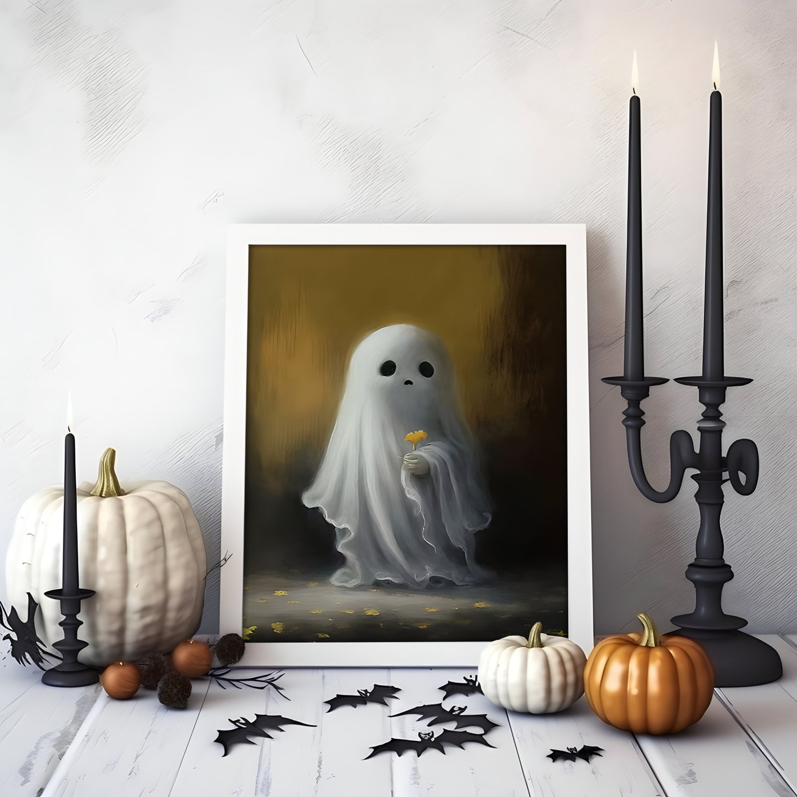 Halloween Flower Ghost Poster, Sheeted Ghost Art Print, Halloween Wall ...