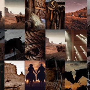 May include: A collage of images depicting a Western theme. The images include cowboys on horseback, a rustic barn, a cowboy hat, a rope, a desert landscape, a train track, and horses. The images are all in shades of brown, orange, and red.