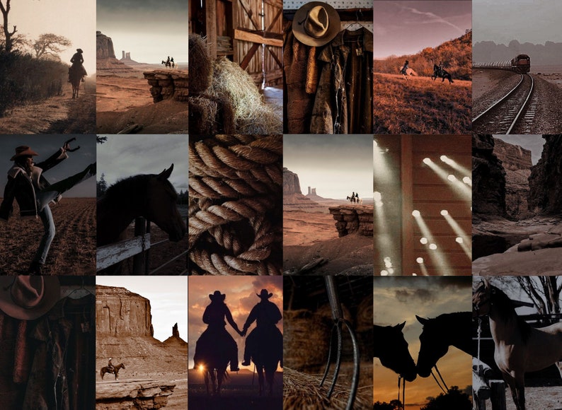 May include: A collage of images depicting a Western theme. The images include cowboys on horseback, a rustic barn, a cowboy hat, a rope, a desert landscape, a train track, and horses. The images are all in shades of brown, orange, and red.