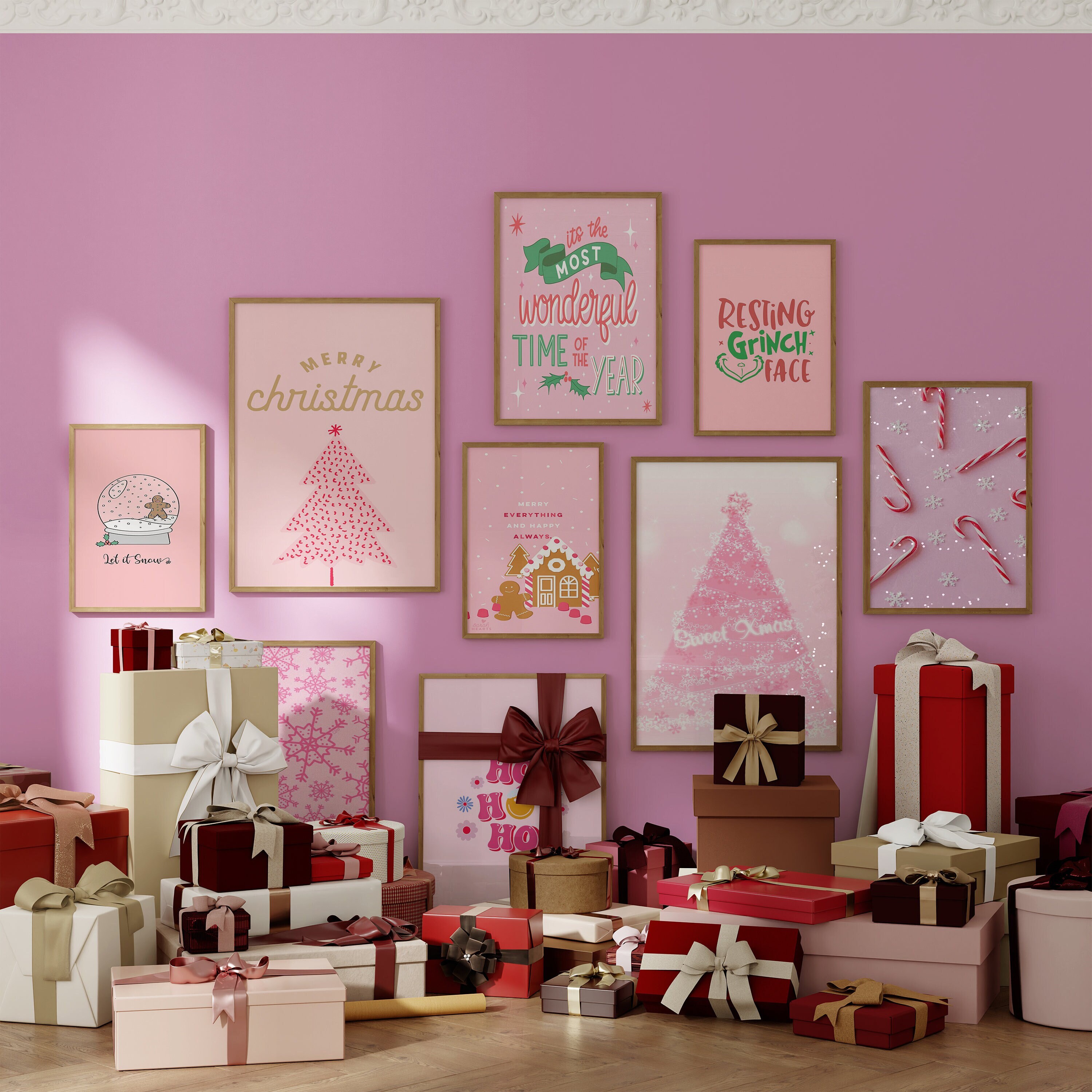 100 Pink Christmas Print Set, Xmas Printable Wall Art, Christmas
