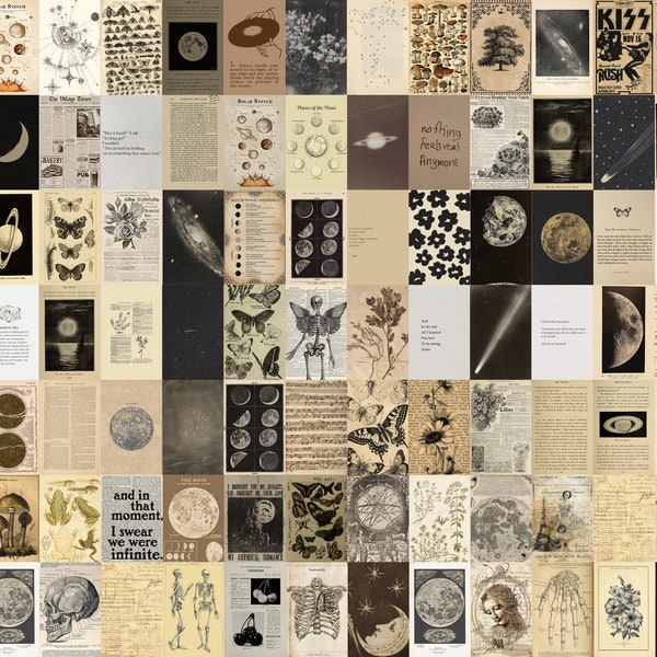 100 Vintage Ästhetische Foto-Collage-Kit | Grunge Raum Dekor Ästhetik | Feenkern Dekor | Botanische Wandbilder | Wand-Collage-Kit Wand-Kunst