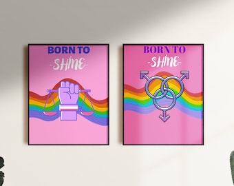 Arte mural con impresión digital LGBTQ, juego de 2 impresiones de arcoíris del orgullo, arte imprimible feminista, póster de arte LGBTQIA, regalos LGBT