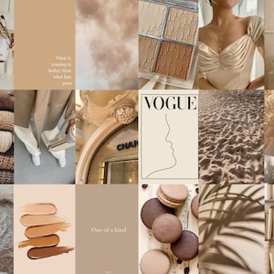 Op de afbeelding: Een collage van afbeeldingen in beige en bruine tinten. De afbeeldingen omvatten een stapel truien, een paar witte sneakers, een make-up palet, een Vogue-tijdschriftcover, een strandsc&egrave;ne, een fles parfum, een bord met macarons, een palmblad en een boekenkast vol boeken.