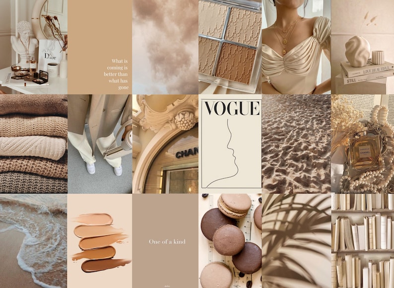 Op de afbeelding: Een collage van afbeeldingen in beige en bruine tinten. De afbeeldingen omvatten een stapel truien, een paar witte sneakers, een make-up palet, een Vogue-tijdschriftcover, een strandsc&egrave;ne, een fles parfum, een bord met macarons, een palmblad en een boekenkast vol boeken.