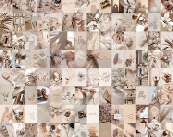 180-delige neutrale esthetische collagekit, boho-muurcollage, beige crèmebruin muurkunst, beige muurdecoratie, neutrale trendy muurkunst, slaapzaalprints.