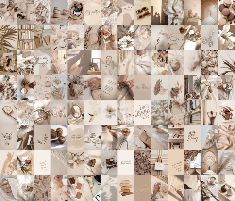 Op de afbeelding: Een collage van afbeeldingen in beige en bruine tinten. De afbeeldingen omvatten bloemen, boeken, koffiekopjes en andere objecten. Het algemene thema is minimalistisch en esthetisch.
