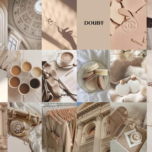 Op de afbeelding: Een collage van afbeeldingen in beige en cr&egrave;me tinten met verschillende objecten, waaronder koffie, macarons, een boek, een telefoon, een parfumflesje en een Gucci-logo. Het woord "DOUBT" is ook zichtbaar in de afbeelding.