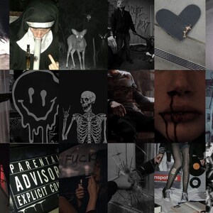 May include: A collage of images with a dark and edgy aesthetic. The images include a woman in a dark room, a nun smoking a bong, a deer in the woods, a man with a mask, a broken heart, a person with a bandage on their arm, a smiley face dripping with black liquid, a skeleton, a person tied up, a person with blood dripping from their mouth, a person with a sad face mask, a church with a red cross, a sign that says "Parental Advisory Explicit Content", a person smoking a cigarette, a broken window, a person wearing fishnet stockings and sneakers, and a pile of cassette tapes.