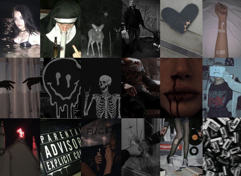 May include: A collage of images with a dark and edgy aesthetic. The images include a woman in a dark room, a nun smoking a bong, a deer in the woods, a man with a mask, a broken heart, a person with a bandage on their arm, a smiley face dripping with black liquid, a skeleton, a person tied up, a person with blood dripping from their mouth, a person with a sad face mask, a church with a red cross, a sign that says "Parental Advisory Explicit Content", a person smoking a cigarette, a broken window, a person wearing fishnet stockings and sneakers, and a pile of cassette tapes.