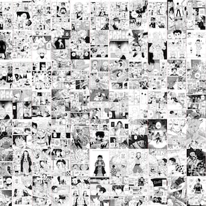 May include: A collage of black and white manga panels, featuring various characters and scenes. The artwork is detailed, with dynamic action poses and expressive faces. The panels are arranged closely together, creating a dense visual texture.