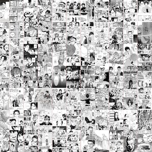 May include: A collage of black and white manga panels, featuring various characters and scenes. The artwork is detailed, with dynamic compositions and speech bubbles. The overall aesthetic is a classic manga style.