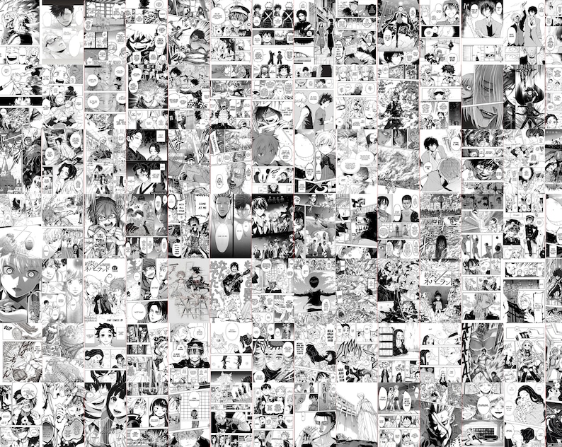 May include: A collage of black and white manga panels, featuring various characters and scenes. The artwork is detailed, with dynamic compositions and speech bubbles. The overall aesthetic is a classic manga style.