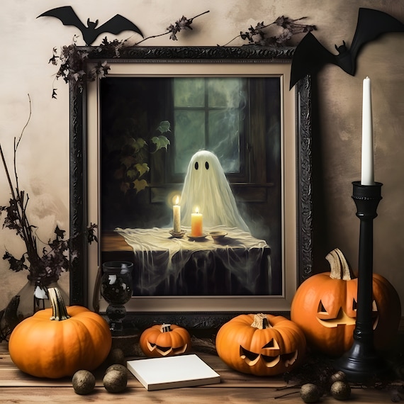 Cute Ghost Kid In Rain Dark Halloween Canvas Painting, Wall Art Decor -  Vintage Ghost Poster Halloween Gift