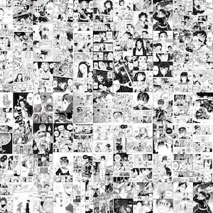 May include: A collage of black and white manga panels, featuring various characters and scenes. The panels are arranged in a grid-like pattern, showcasing dynamic action and expressive character designs. The overall aesthetic is a classic manga style.