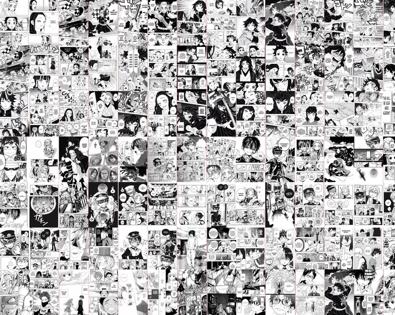 May include: A collage of black and white manga panels, featuring various characters and scenes. The panels are arranged in a grid-like pattern, showcasing dynamic action and expressive character designs. The overall aesthetic is a classic manga style.