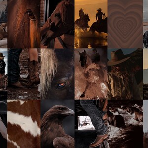 May include: A collage of images featuring cowboys, horses, and western landscapes. The images are in a brown and tan color scheme and feature a variety of scenes, including cowboys riding horses, horses running through water, and cowboys standing in a field. The collage also includes a close-up of a horse's eye, a saddle, and a cowboy hat.