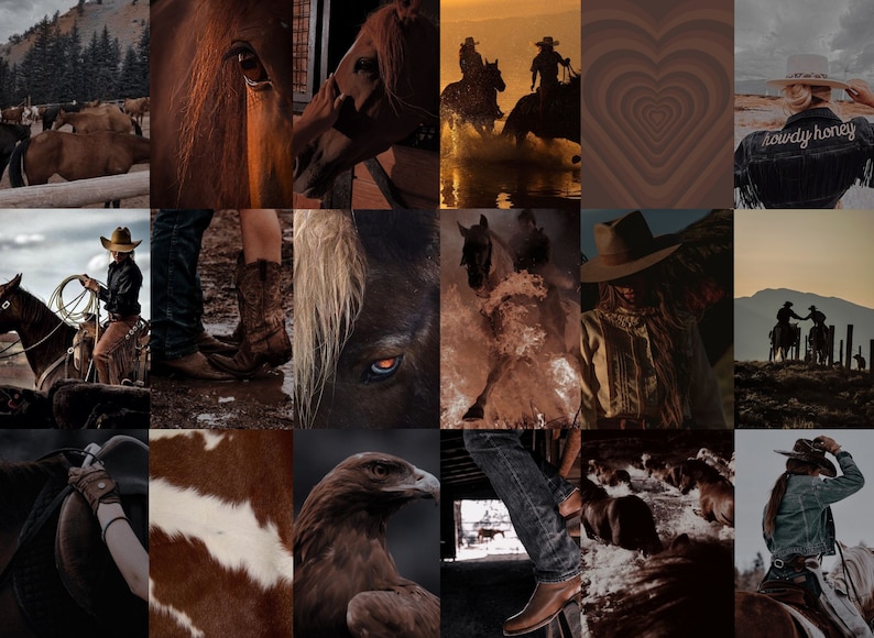 May include: A collage of images featuring cowboys, horses, and western landscapes. The images are in a brown and tan color scheme and feature a variety of scenes, including cowboys riding horses, horses running through water, and cowboys standing in a field. The collage also includes a close-up of a horse's eye, a saddle, and a cowboy hat.