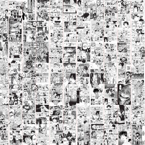 May include: A collage of black and white manga panels, featuring various characters and scenes. The panels are arranged in a grid-like pattern, showcasing dynamic action and expressive character designs. Speech bubbles and sound effects are visible.