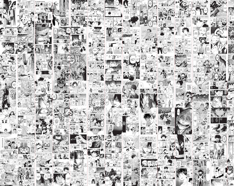 May include: A collage of black and white manga panels, featuring various characters and scenes. The panels are arranged in a grid-like pattern, showcasing dynamic action and expressive character designs. Speech bubbles and sound effects are visible.