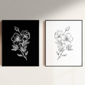 Black and White Flower Wall Art, Set of 2, Floral Botanical Room Decor, Simple Plant Minimalist, Floral Line Art, Wildflowers Prints