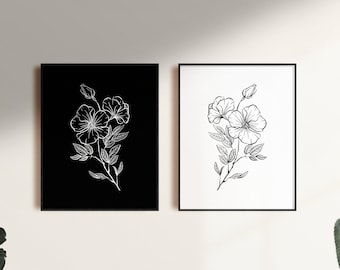 Black and White Flower Wall Art, Set of 2, Floral Botanical Room Decor, Simple Plant Minimalist, Floral Line Art, Wildflowers Prints
