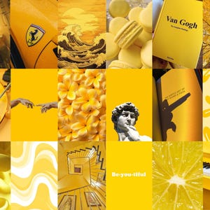 May include: A yellow aesthetic mood board with images of a yellow rose, a yellow Ferrari, a yellow wave, yellow macarons, a book titled "Van Gogh", a yellow record player, a yellow spiral staircase, a yellow lemon, a yellow piano, a yellow flower pattern, a yellow background with the text "Be-you-tiful", and a yellow background with the text "The simple art of making a good first impression".