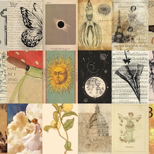 May include: A collage of vintage illustrations and images. The images include a butterfly, a sun, a moon, a key, a castle, a flower, a musical score, and a bee. The images are in various shades of brown, black, white, and yellow.