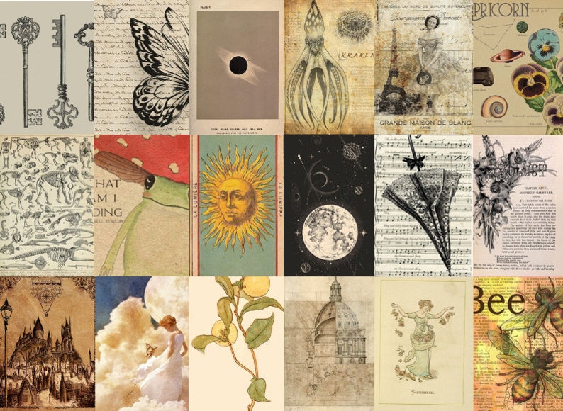 May include: A collage of vintage illustrations and images. The images include a butterfly, a sun, a moon, a key, a castle, a flower, a musical score, and a bee. The images are in various shades of brown, black, white, and yellow.