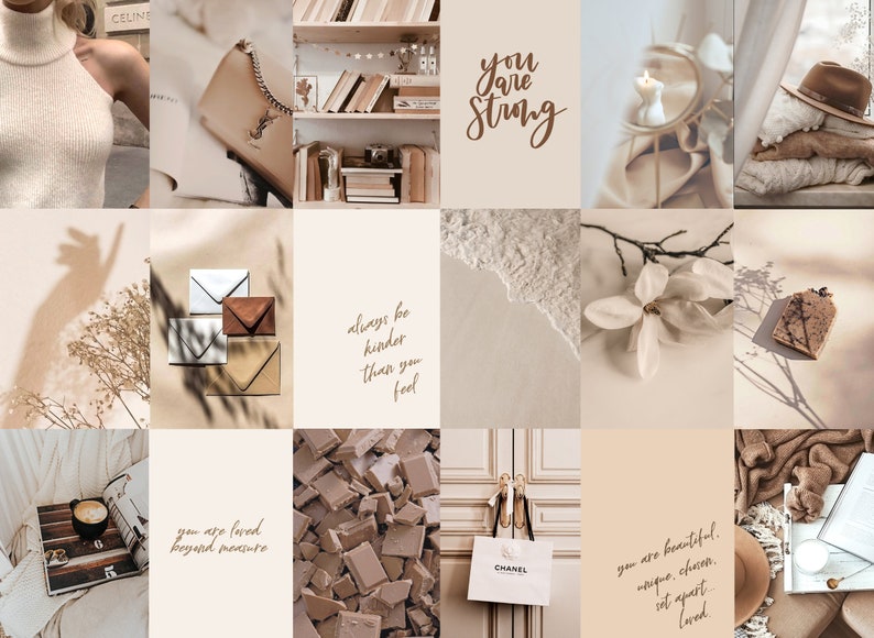 Op de afbeelding: Een collage van afbeeldingen in beige en bruine tinten met inspirerende citaten, een boekenplank, een kop koffie, een witte trui, een bruine handtas, een witte bloem en een chocolade reep.