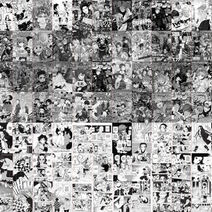 May include: A collage of black and white manga comic book panels. The panels feature various characters and scenes, with speech bubbles and action lines. The overall theme is Japanese comics.