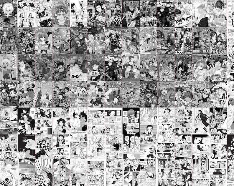 May include: A collage of black and white manga comic book panels. The panels feature various characters and scenes, with speech bubbles and action lines. The overall theme is Japanese comics.