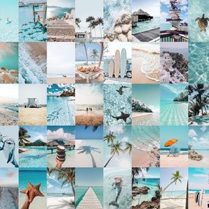 60Pcs Beach Blue Aesthetic Wall Collage, Beach Wall Art, Blue Boho Summer Tropical Beach Collage Photo Kit, Aesthetic Girly Gifts, Prints