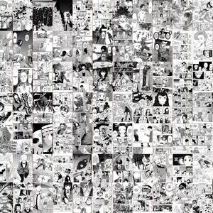 May include: A collage of black and white manga panels, featuring various characters and scenes. The panels are arranged closely together, creating a dense visual texture. The artwork showcases dynamic action and expressive character designs.