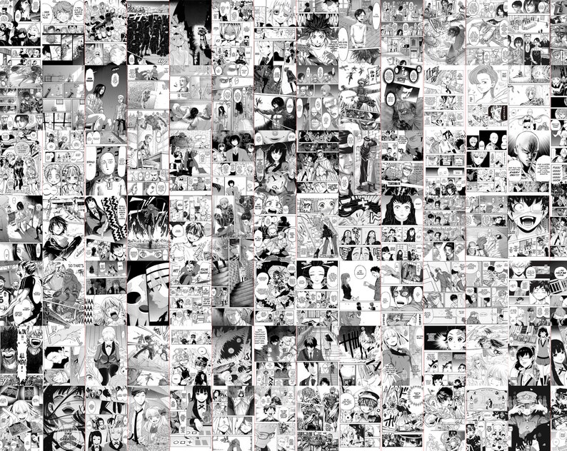 May include: A collage of black and white manga panels, featuring various characters and scenes. The panels are arranged closely together, creating a dense visual texture. The artwork showcases dynamic action and expressive character designs.