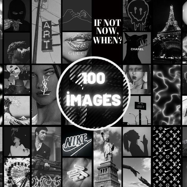 100Pcs Black And White Aesthetic Collage, Black and White Collage Kit, Boujee Black and White Pictures Room Decor, Black white Collage