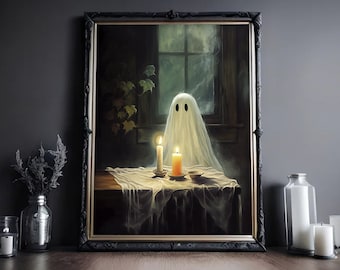 May include: A painting of a ghost in a white sheet sitting at a table with two lit candles. The ghost has two black eyes and a faint smile. The painting is framed in a dark wood frame.