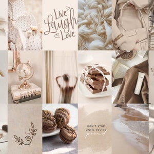 Op de afbeelding: Een collage van afbeeldingen in beige en bruine tinten met verschillende objecten, waaronder een cactus, een globe, een boek, chocolade, een kop koffie en een citaat met de tekst "Live Laugh Love".