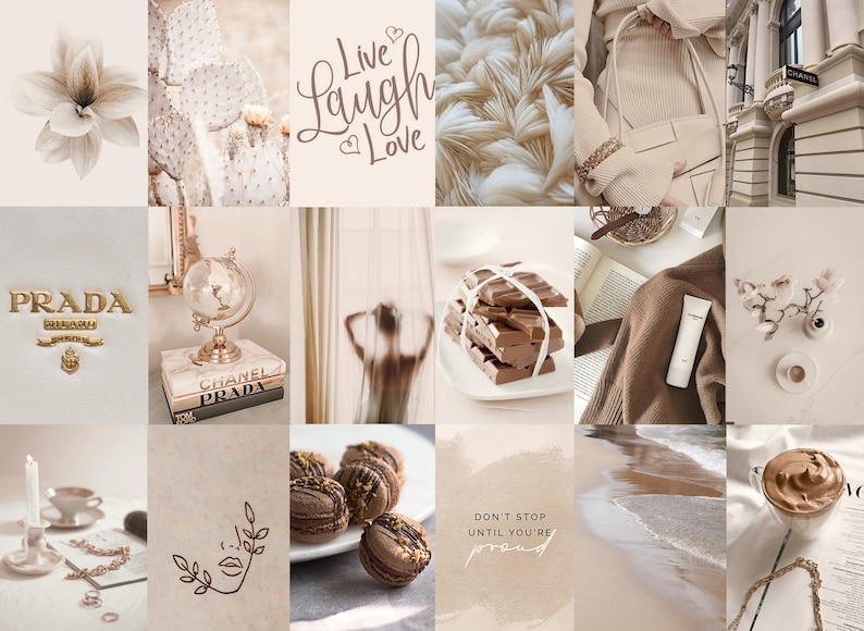 Op de afbeelding: Een collage van afbeeldingen in beige en bruine tinten met verschillende objecten, waaronder een cactus, een globe, een boek, chocolade, een kop koffie en een citaat met de tekst "Live Laugh Love".