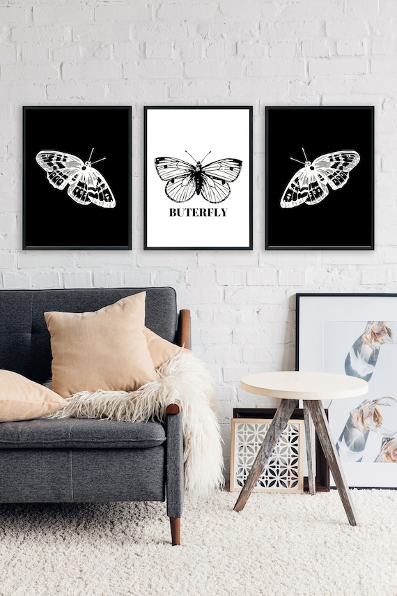 Black and White Butterfly Print Art, Set of 3 Black, Minimalist home, Black and White Wall Art, Monochrome Decor, Digital Prints