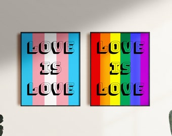 Póster "El amor es amor", regalos para parejas LGBT, lámina del orgullo queer, lámina de inclusión, láminas de amor propio, arte mural del orgullo gay, arte con la bandera arcoíris