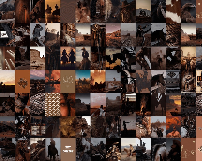May include: A collage of images featuring cowboys, horses, and western landscapes. The images are in shades of brown and orange, creating a warm and rustic aesthetic.