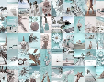 150 piezas de collage de pared estético azul playa, arte de pared playero, kit de fotos de collage de playa tropical de verano bohemio azul, imagen estética femenina, impresiones