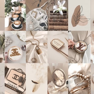 Op de afbeelding: Een collage van afbeeldingen met luxe mode- en lifestyle-artikelen in een neutrale kleurenpalet. De afbeeldingen omvatten een Chanel-handtas, een Louis Vuitton-koffiebeker, een Burberry-veiligheidsspeld, een gouden ketting met een hangslot, een fles parfum en een neon-bord met de tekst "OK".