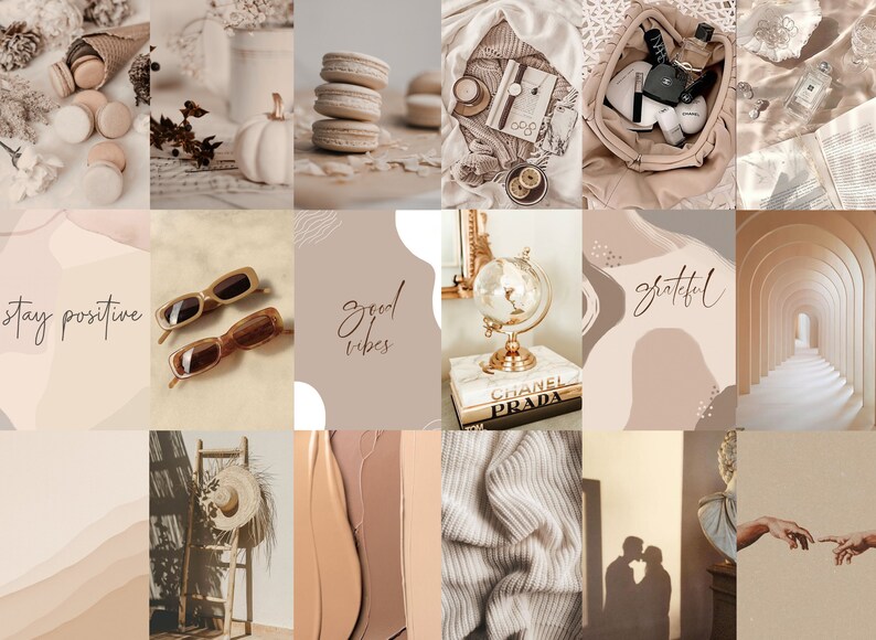 Op de afbeelding: Een collage van afbeeldingen in neutrale tinten met verschillende objecten, waaronder macarons, zonnebrillen, een globe, boeken, een hoed en een stel dat gesilhouetteerd is tegen een zonsondergang. De collage bevat tekst zoals "stay positive", "good vibes" en "grateful".