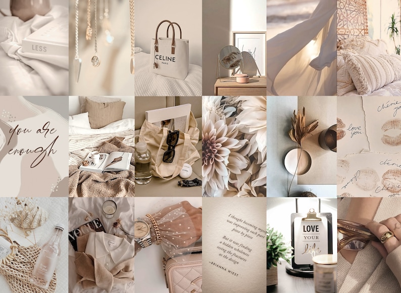 Op de afbeelding: Een collage van afbeeldingen in neutrale tinten met verschillende objecten, waaronder een draagtas, een boek, een kaars, een horloge, een plant en een citaat over het vinden van schoonheid in imperfecties. De afbeeldingen zijn in een rasterpatroon gerangschikt en hebben een minimalistische esthetiek.