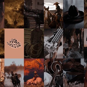 May include: A collage of images with a western theme. The images include cowboys, horses, hats, boots, and a sunset. The images are in a variety of colors, including brown, tan, and red.