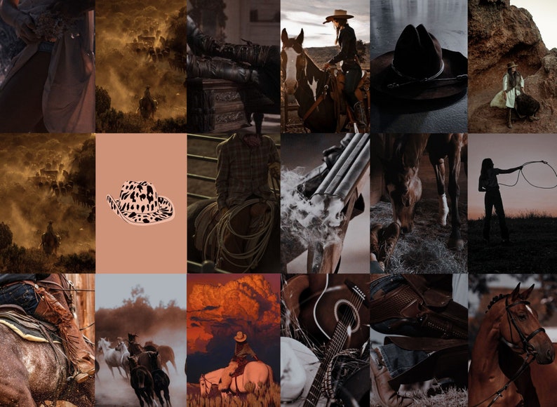 May include: A collage of images with a western theme. The images include cowboys, horses, hats, boots, and a sunset. The images are in a variety of colors, including brown, tan, and red.