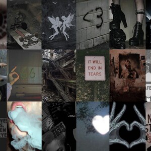 May include: A collage of dark and moody images, including a skull, a heart, a pair of boots, a sign that says "It will end in tears", and a creepy figure with a knife. The images are arranged in a grid pattern.