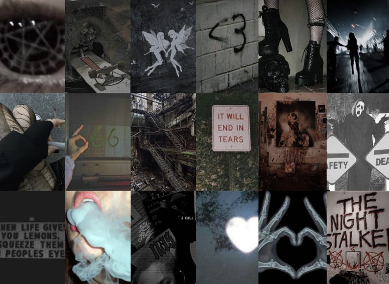 May include: A collage of dark and moody images, including a skull, a heart, a pair of boots, a sign that says "It will end in tears", and a creepy figure with a knife. The images are arranged in a grid pattern.